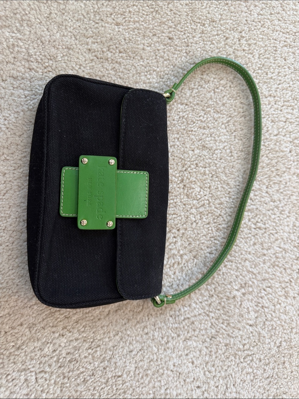 kate spade Black Canvas Wristlet with Green Leather Accents